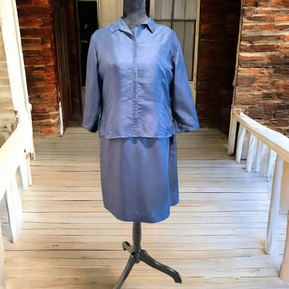 Amanda Smith pure silk shift dress with matching blouse size 14p/LgP navy blue - Picture 1 of 13